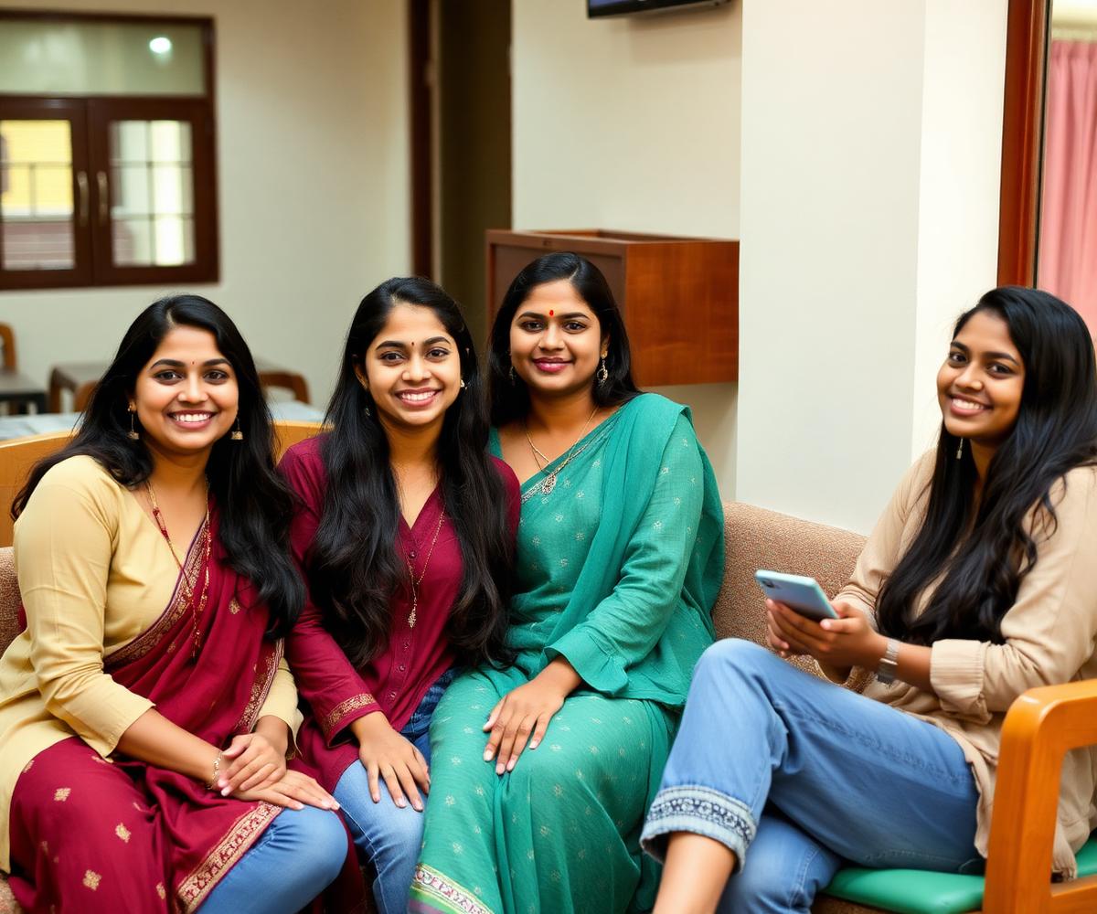 Residents relaxing in the common lounge at Malarini Women's Hostel